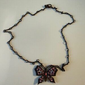 Pink Gemstone Butterfly Necklace with Dark Chain